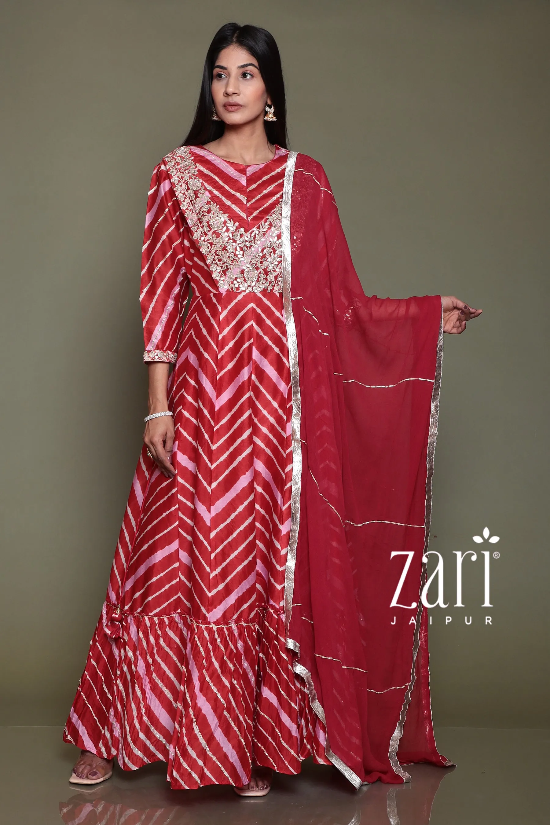 Chanderi silk Leheriya Suit with Aari, Gota Patti, Sequins, Thread, Zardozi work.