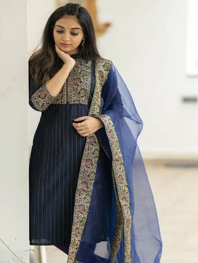 Cobalt Blue Collar Necked Cotton Lurex Salwar Suit Set