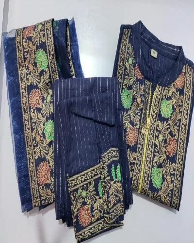 Cobalt Blue Collar Necked Cotton Lurex Salwar Suit Set