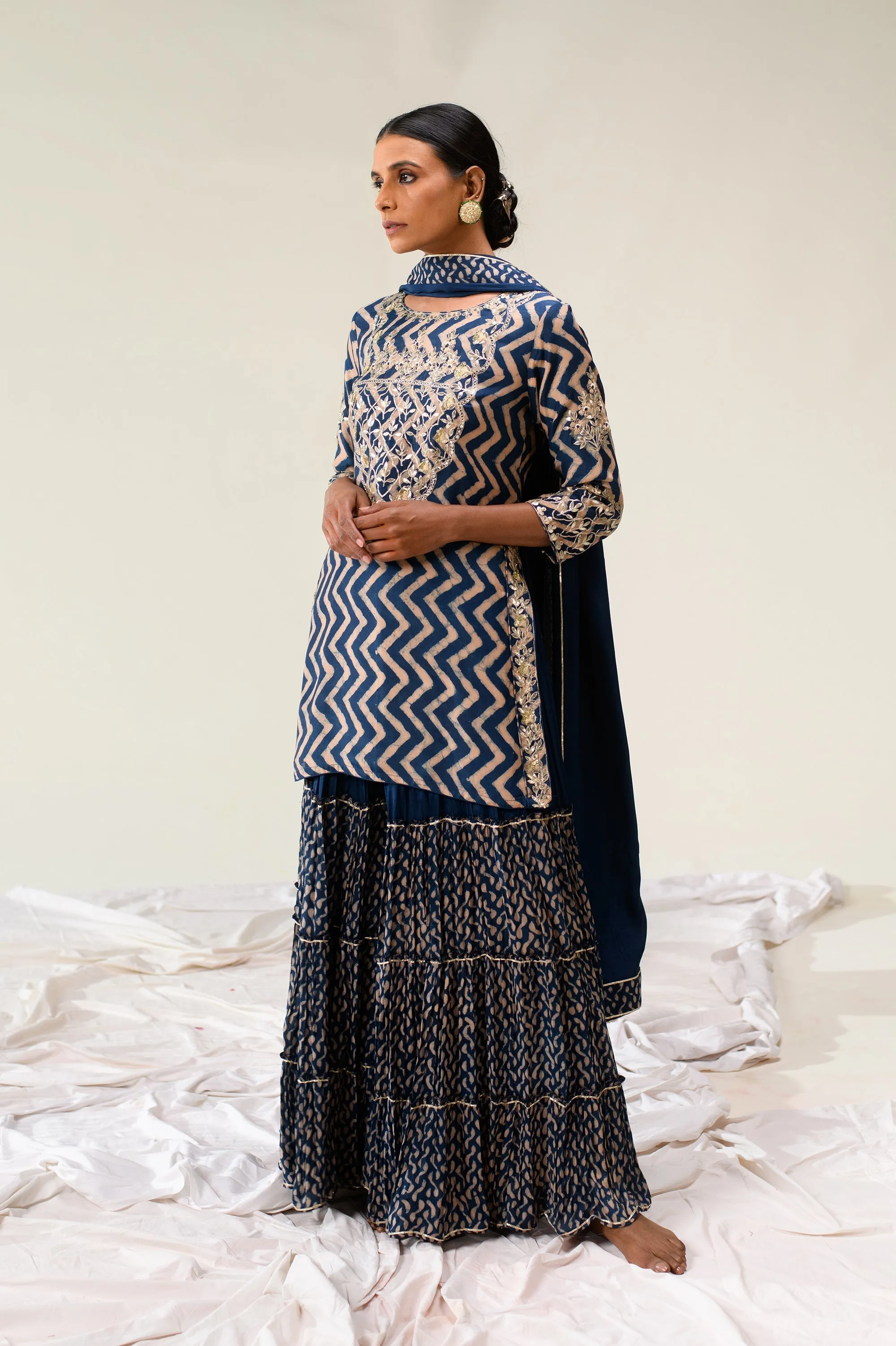 Cotton Silk Dabu Print Suit with Hand Aari work.