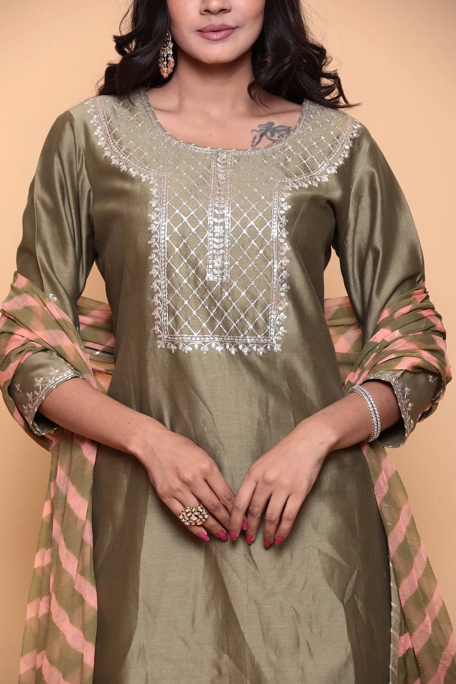 Cotton silk Suit with Pittan work.