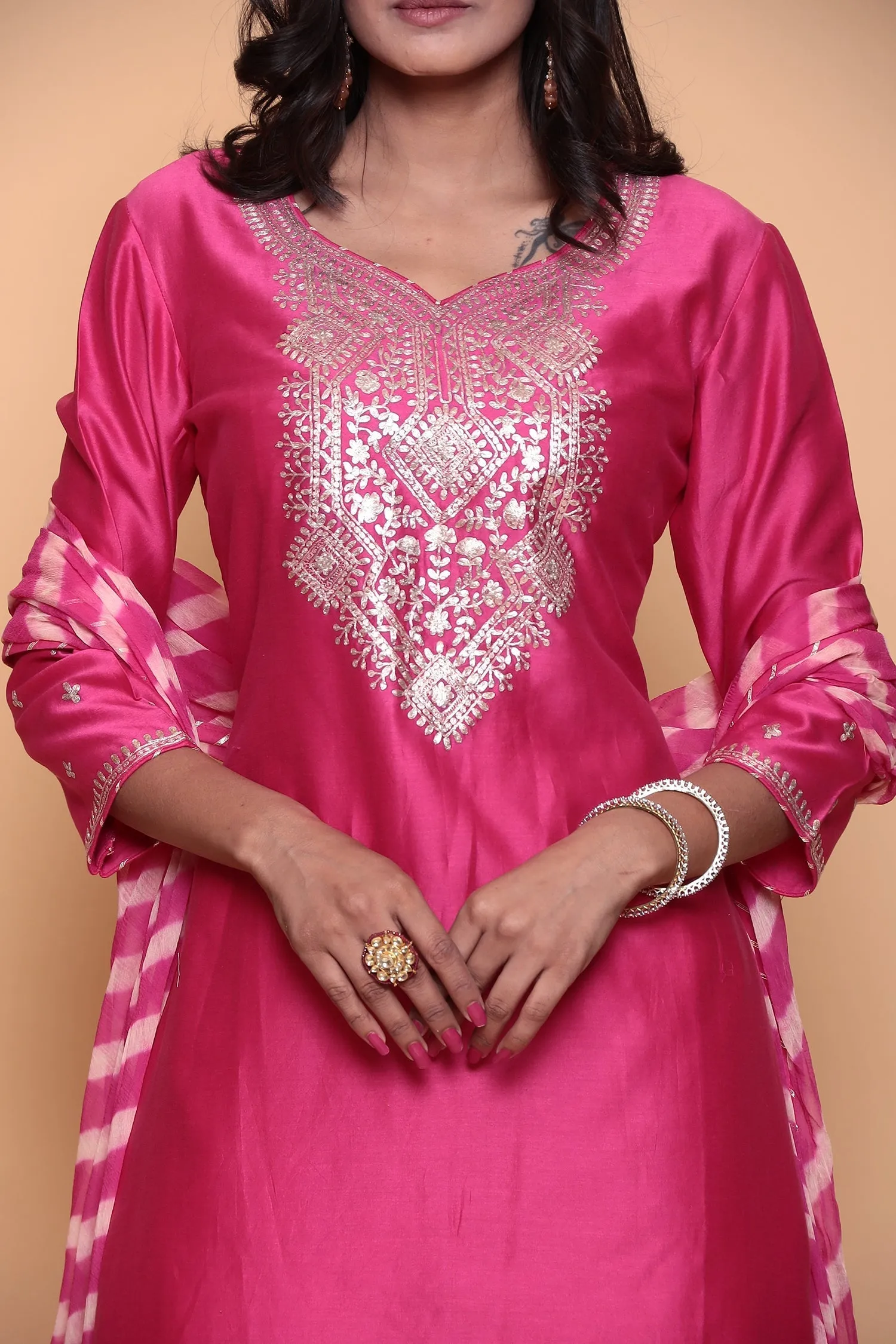 Cotton silk Suit with Pittan work.