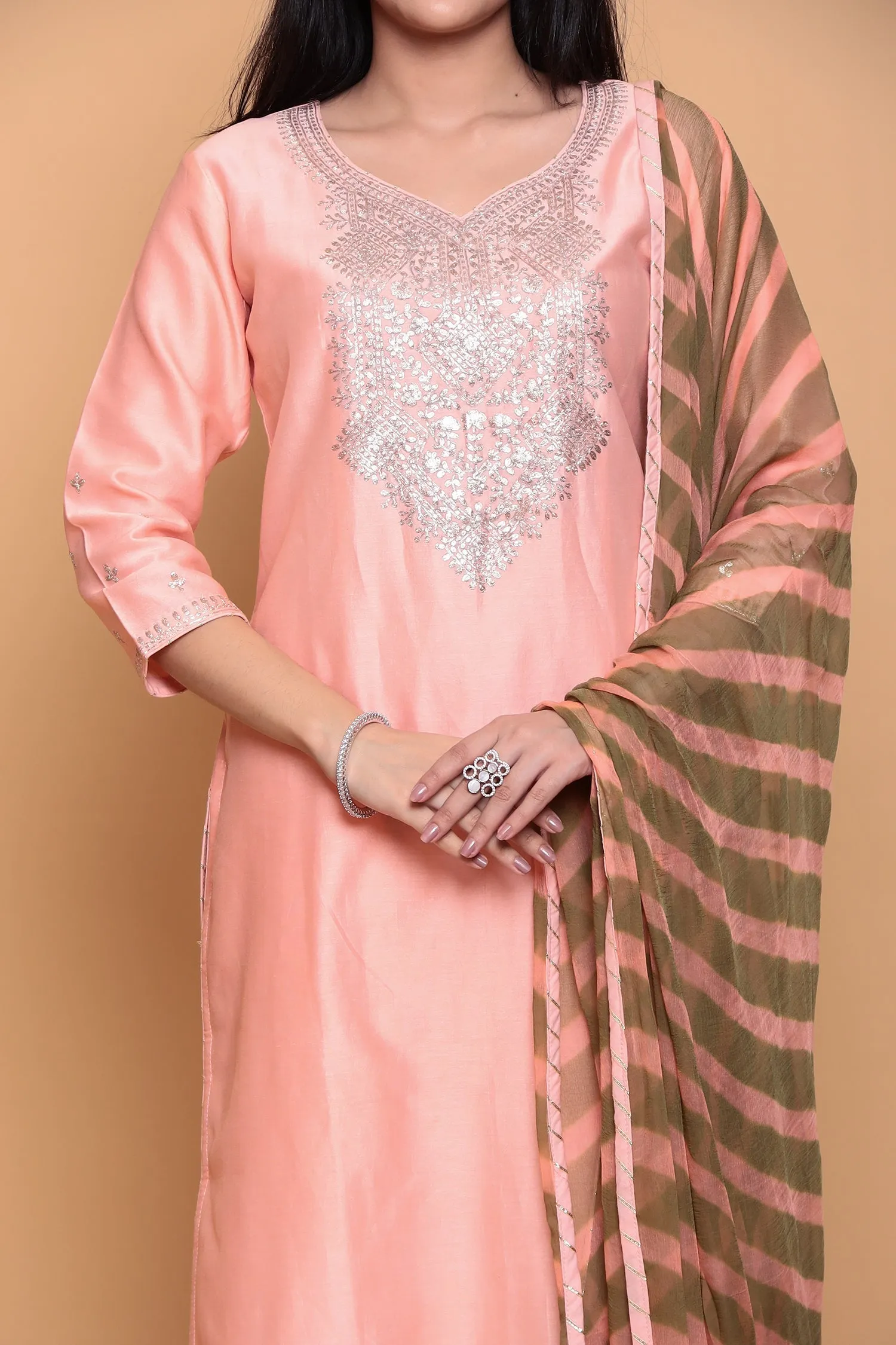 Cotton silk Suit with Pittan work.