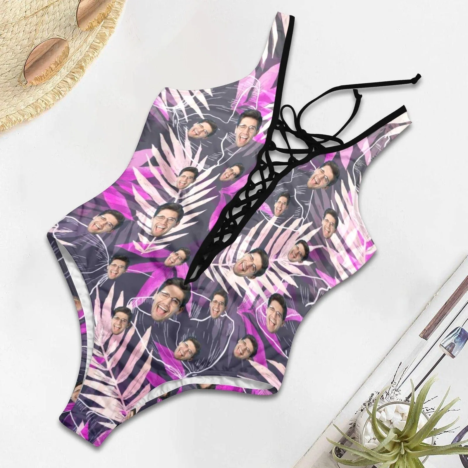 Custom Face Purple Leaves Women's Sexy One Pieces Swimsuit Lace Up Deep V Bathing Suit Beachwear