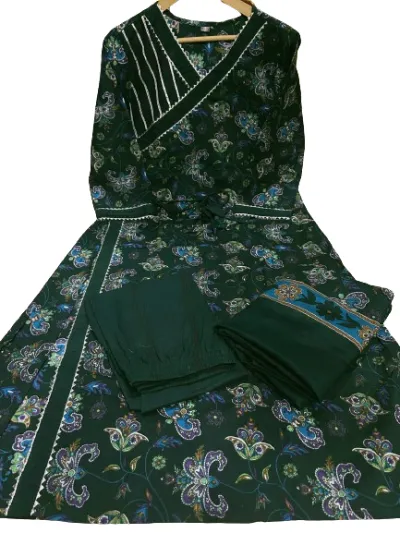 Dark Green Angharakha Style Cotton Salwar Suit Set