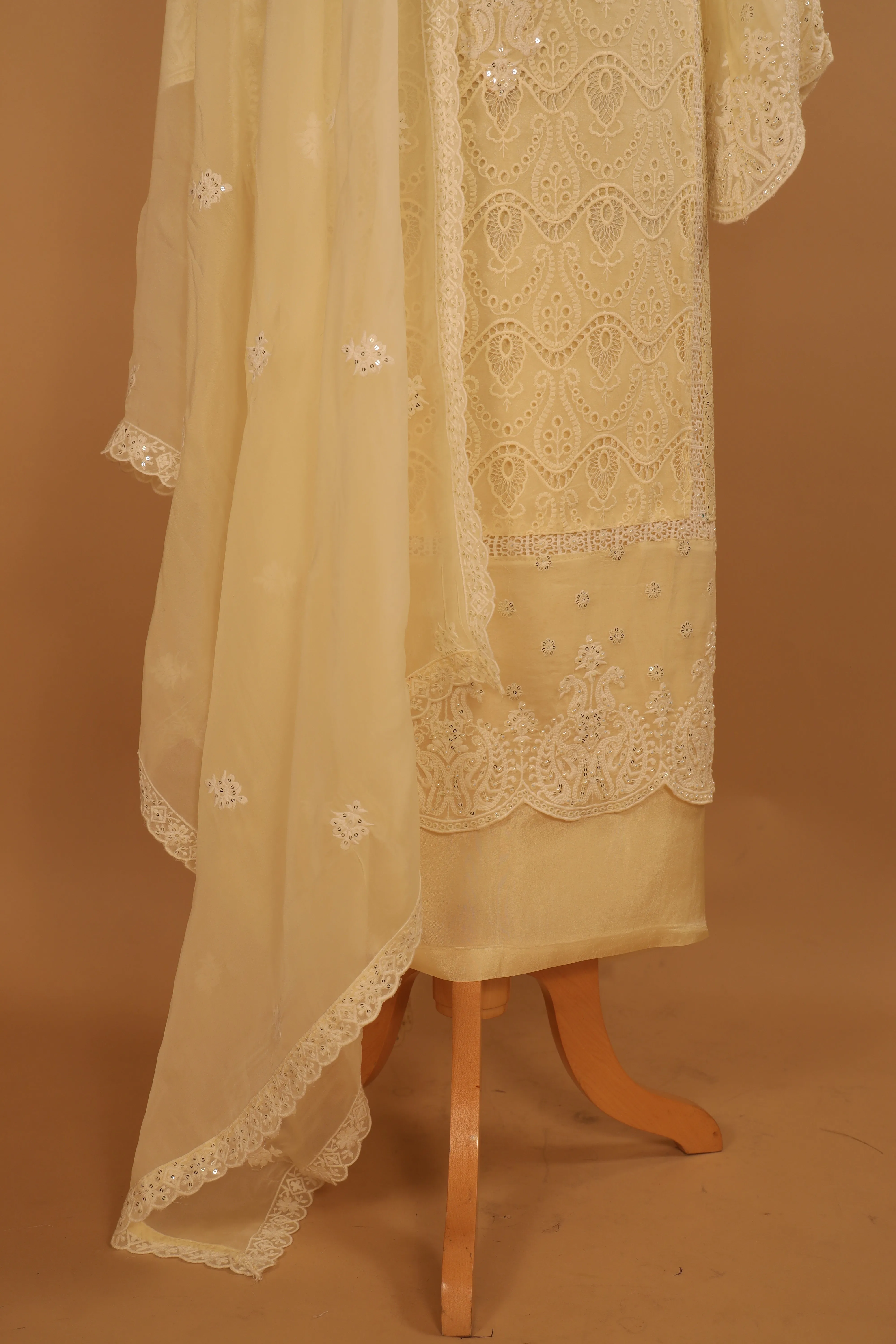 Designer  Cream Embroidered Cutwork Organza Suit Dupatta