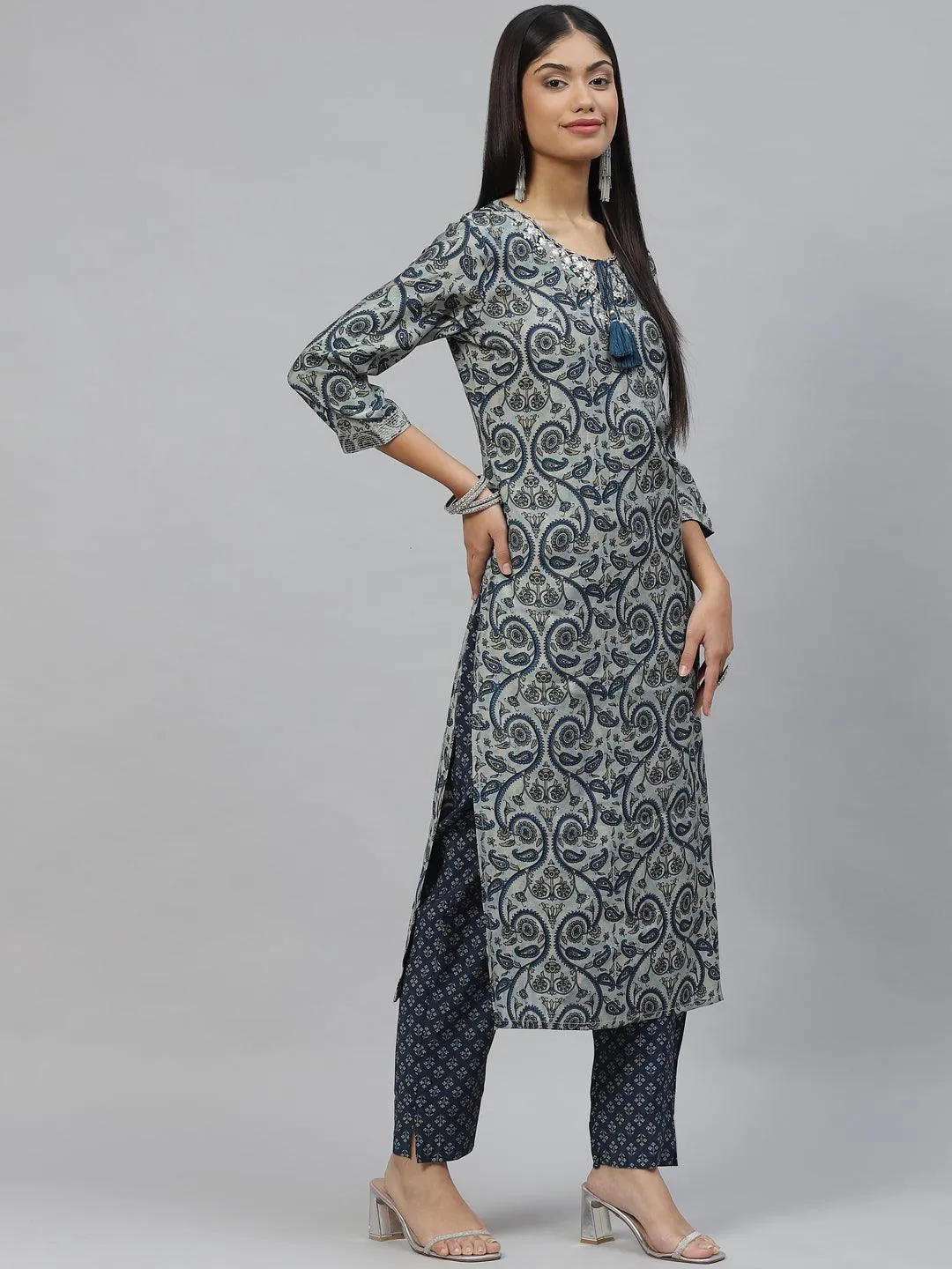 Divena Blue Ethnic Motif Muslin straight Kurta Pant Set with Dupatta