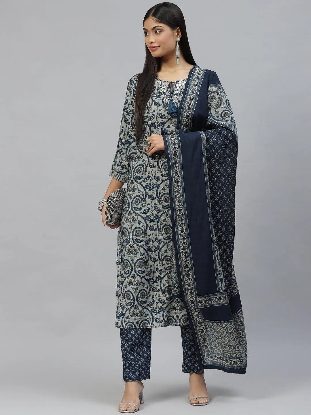 Divena Blue Ethnic Motif Muslin straight Kurta Pant Set with Dupatta