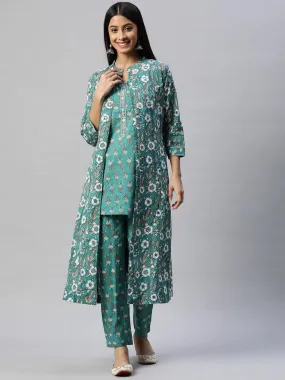 Divena Green Cotton Floral Printed Three Piece Indowestern Kurta Pant Set with Jacket