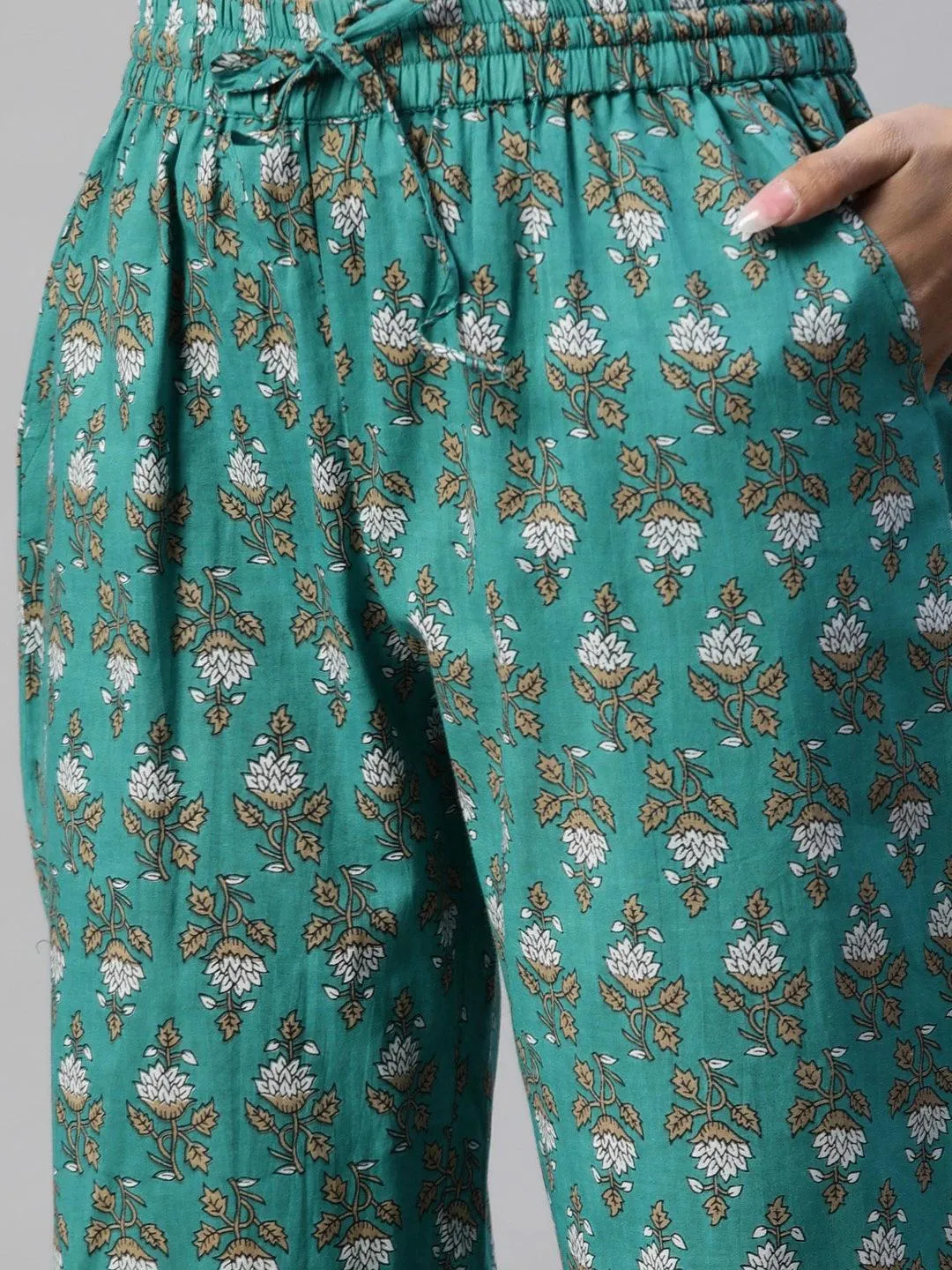 Divena Green Cotton Floral Printed Three Piece Indowestern Kurta Pant Set with Jacket