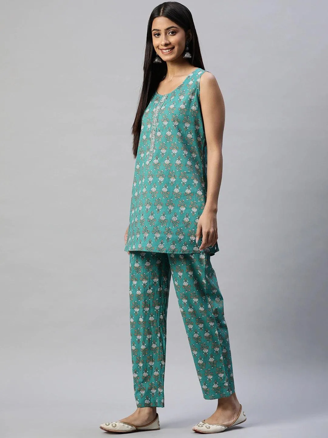 Divena Green Cotton Floral Printed Three Piece Indowestern Kurta Pant Set with Jacket