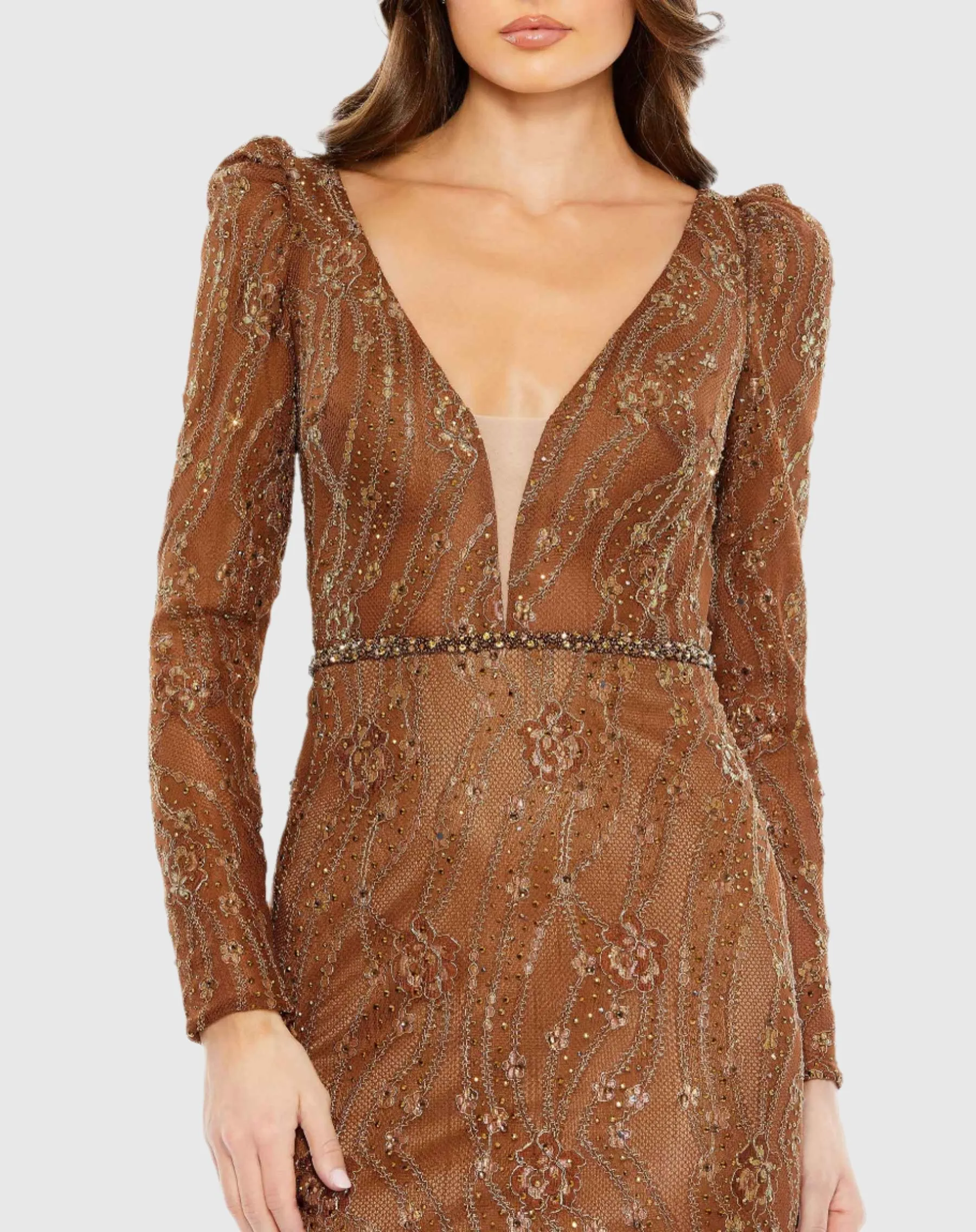 Embellished Long Sleeve Plunge Trumpet Gown