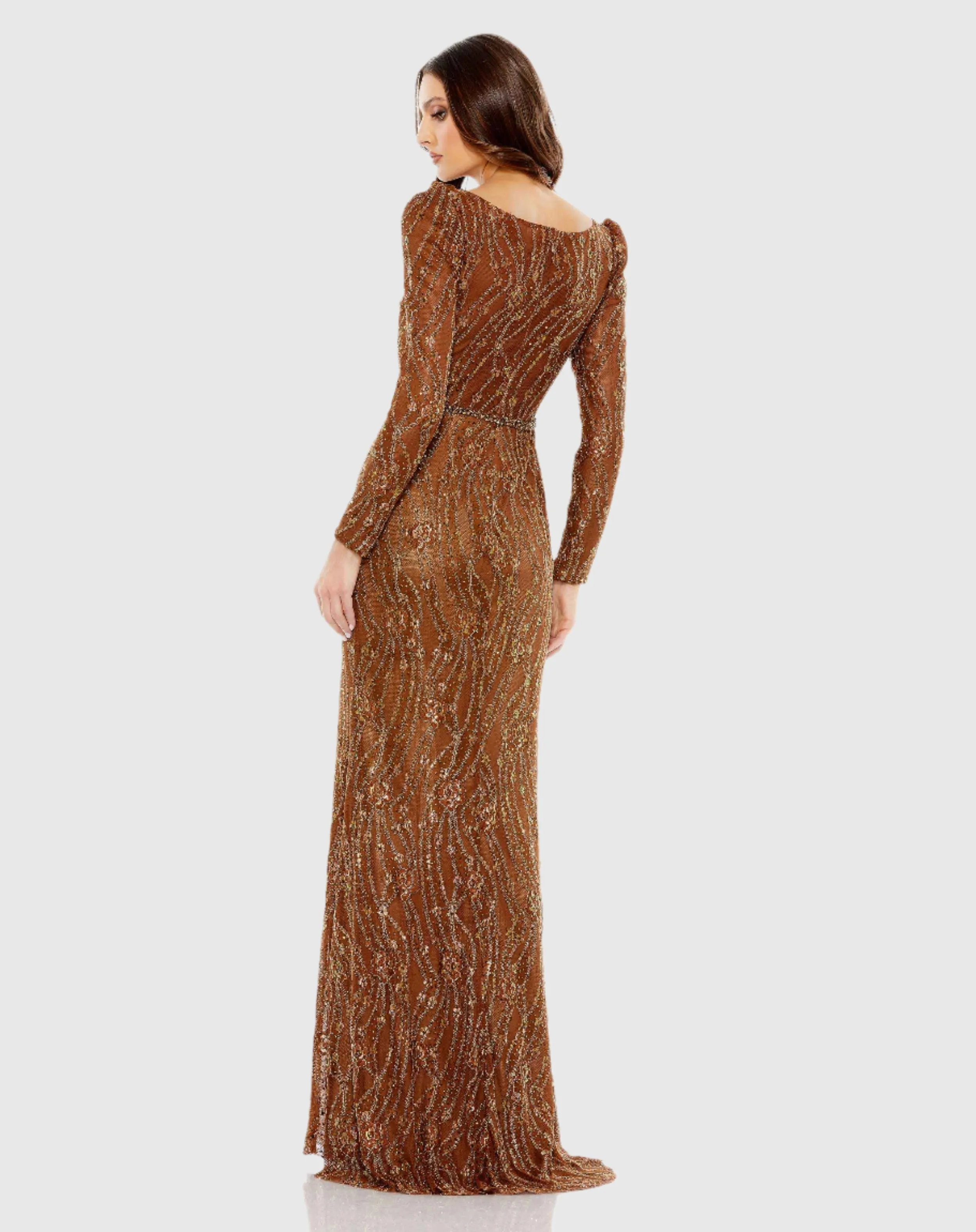 Embellished Long Sleeve Plunge Trumpet Gown