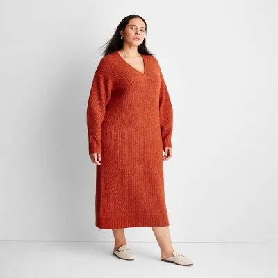 Future Collective with Reese Women's Long Sleeve Midi Sweater Dress Chunky Knit