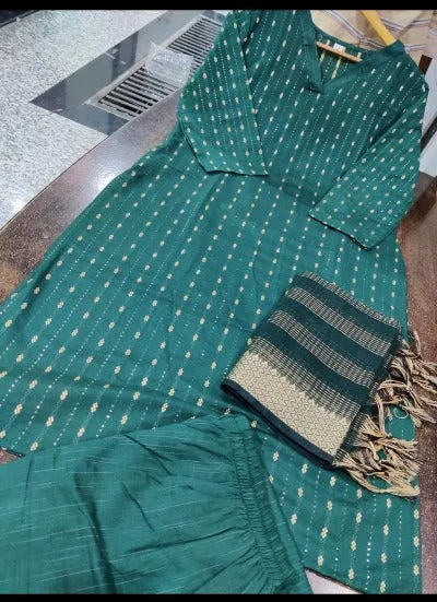 Green Cotton Ethnic Handloom Readymade Suit