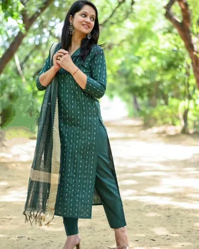 Green Cotton Ethnic Handloom Readymade Suit