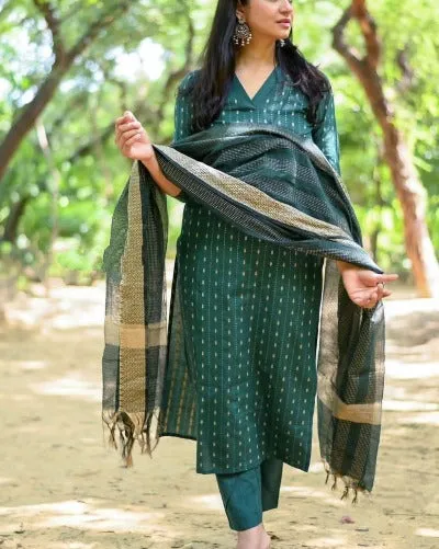 Green Cotton Ethnic Handloom Readymade Suit