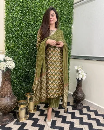 Green Cotton Printed Straight Salwar Suit Set