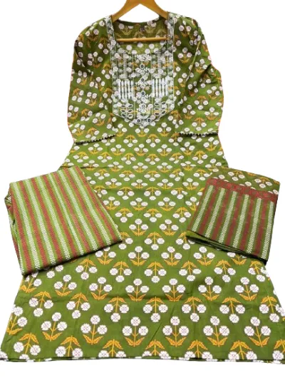 Green Cotton Printed Straight Salwar Suit Set