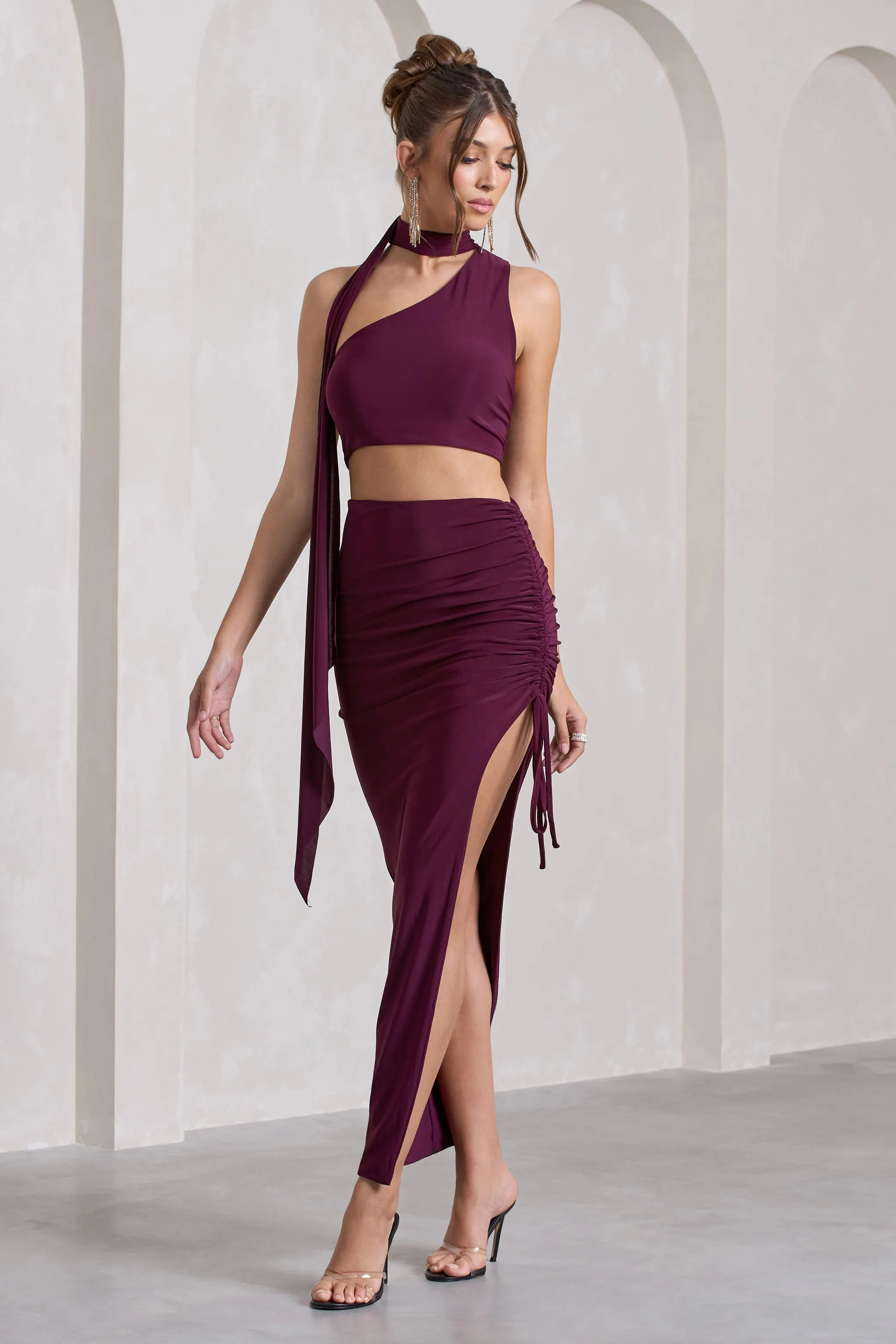 In The Air | Plum Ruched Asymmetric High-Waisted Maxi Skirt