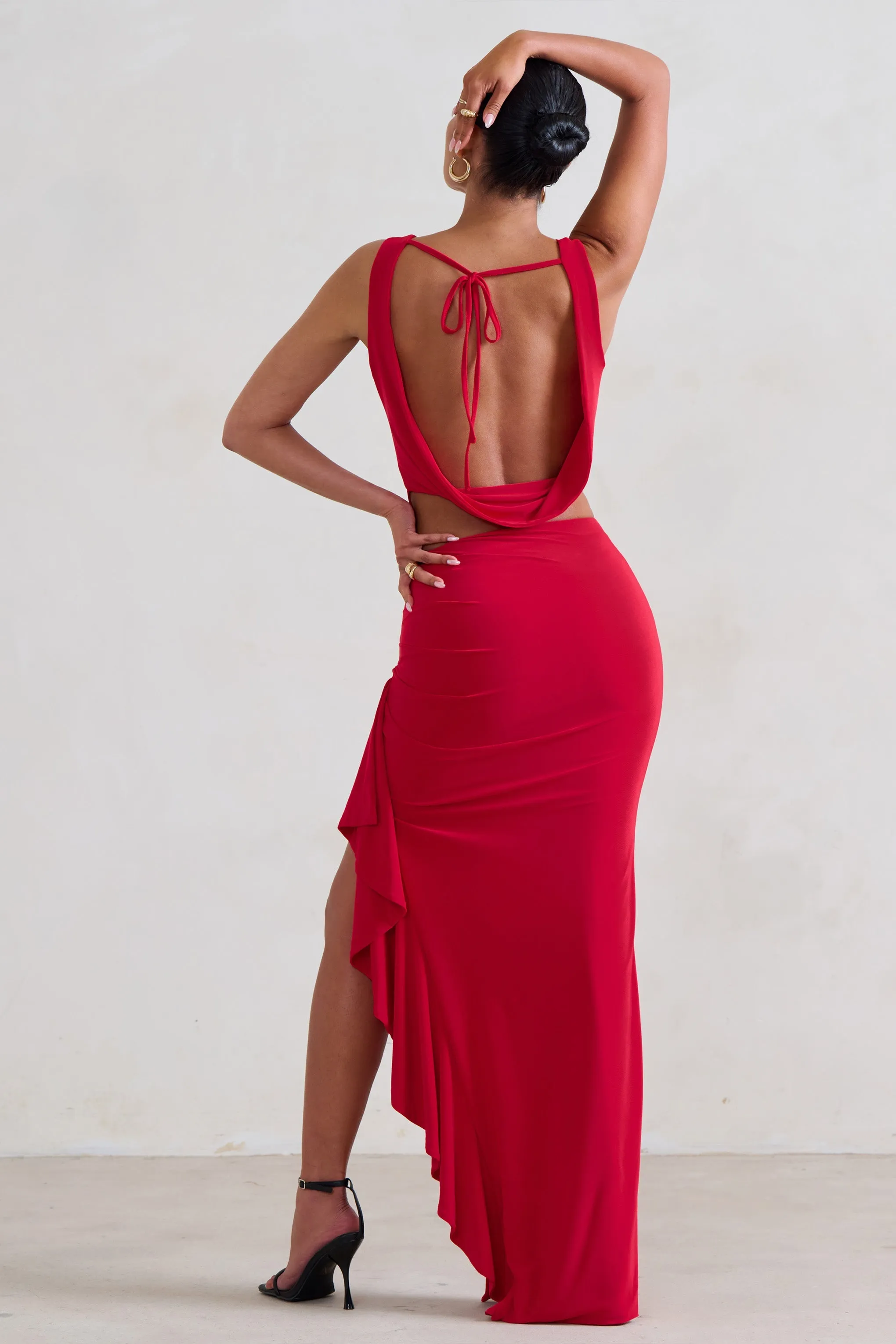 La Belle | Red Ruffle Maxi Skirt With Thigh Split