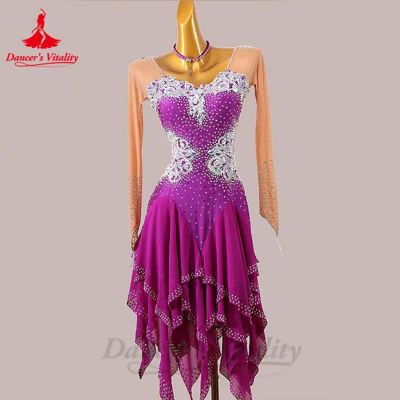 Latin Dance Fringe Dress for Women Seinor AB Stones Rumba Chacha Tango Tassel Skirt Costume Customsize Adult Child Latin Dresses