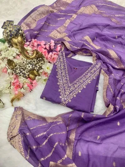 Lavender Chanderi Silk Embroidered Straight Suit Set