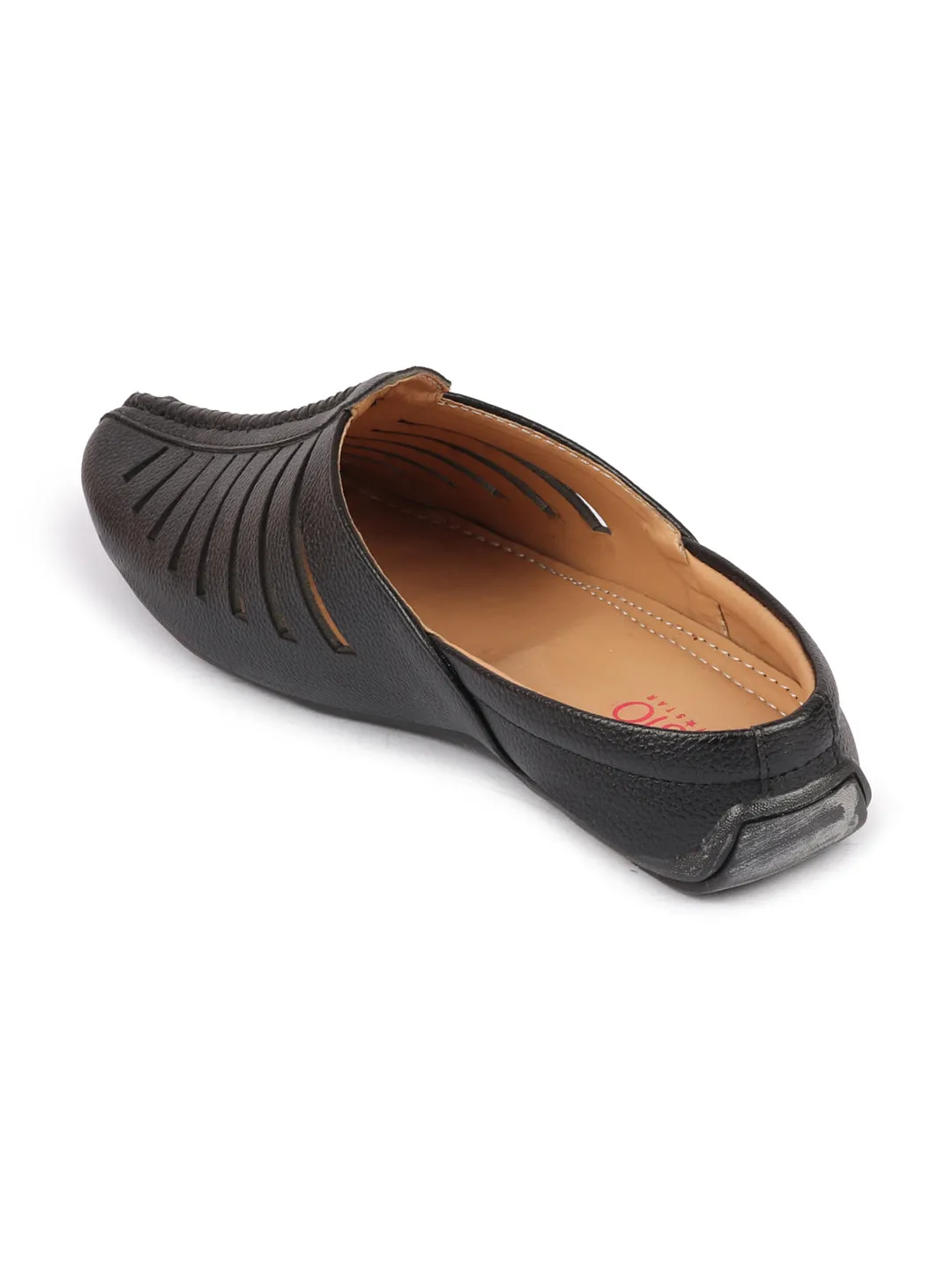 Men Black Laser Cut Design Back Open Evening Party Ethnic Mules Slip On Shoes