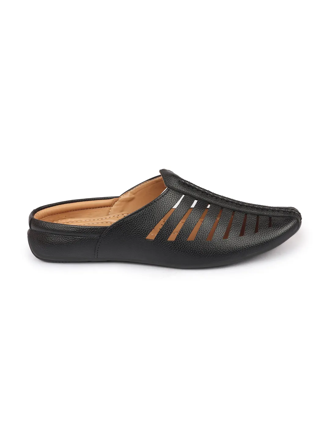 Men Black Laser Cut Design Back Open Evening Party Ethnic Mules Slip On Shoes