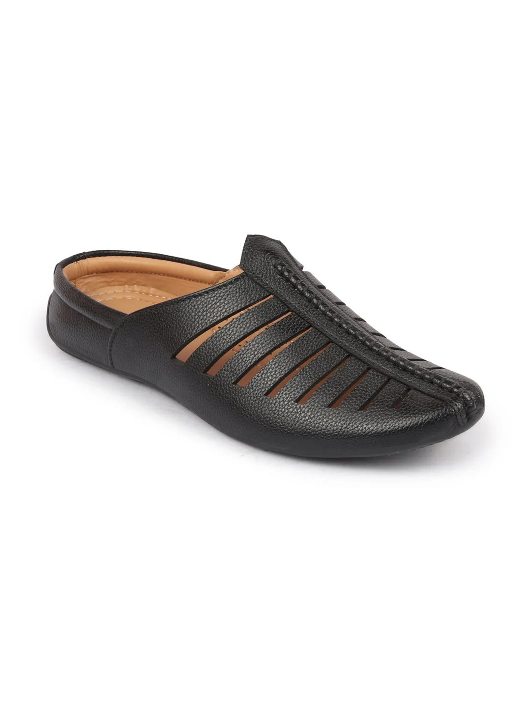 Men Black Laser Cut Design Back Open Evening Party Ethnic Mules Slip On Shoes