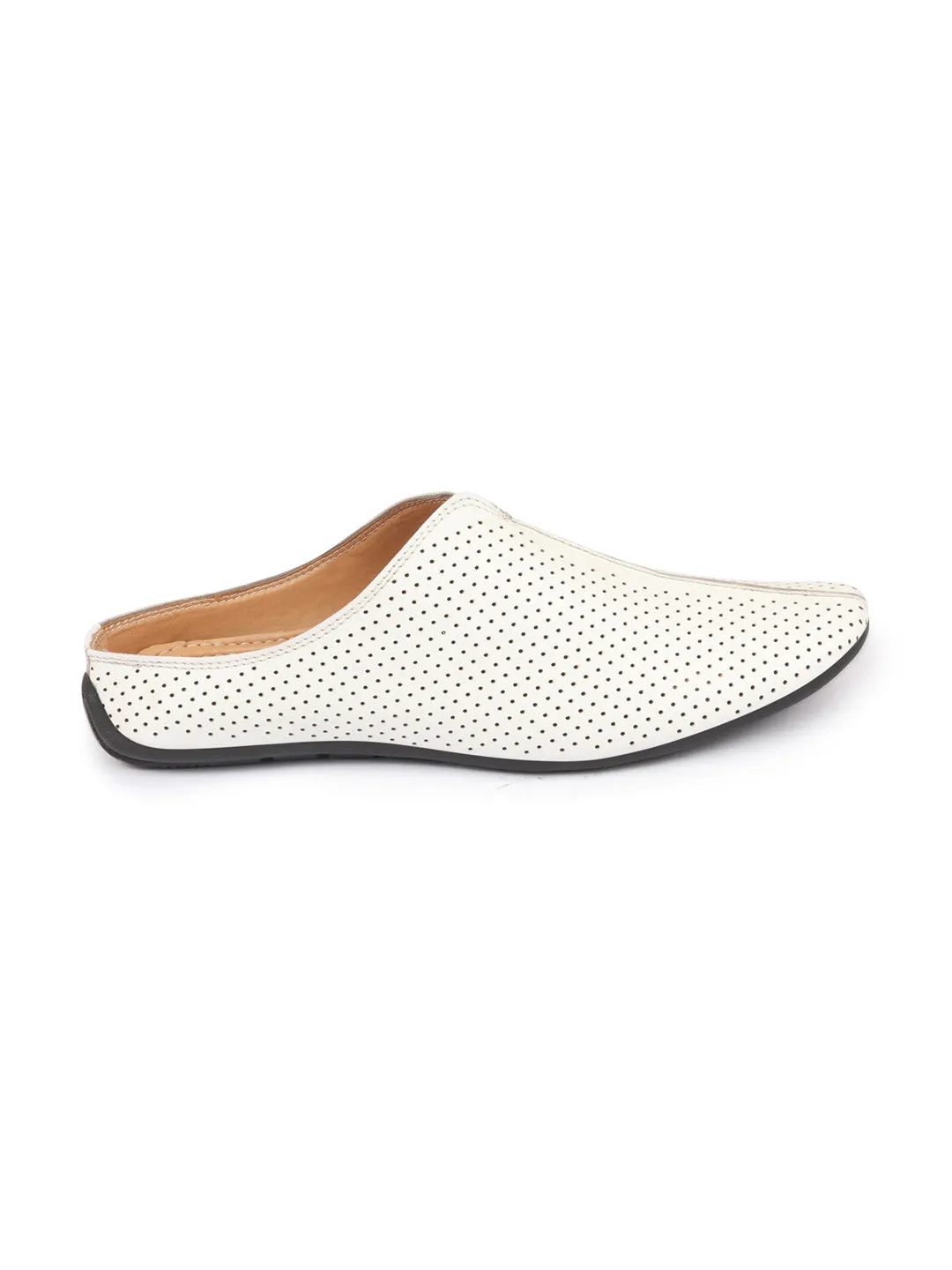 Men White Back Open Perforated Design Ethnic Party Wedding Mules Slip On Shoes