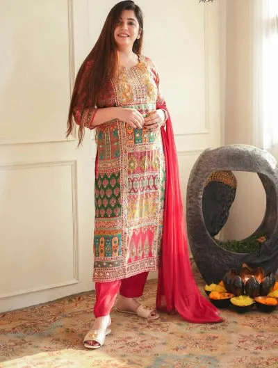 Multicolour Beautiful Printed Muslin Salwar Suit Set