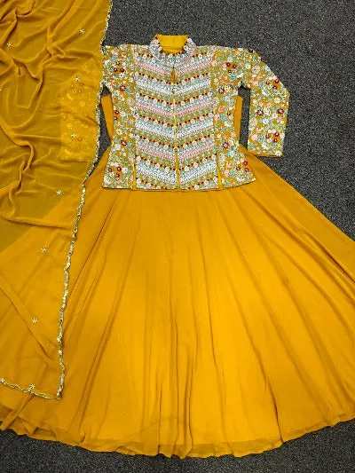 Mustard Yellow Georgette Indo Western Kurti Lehenga 3pc Set