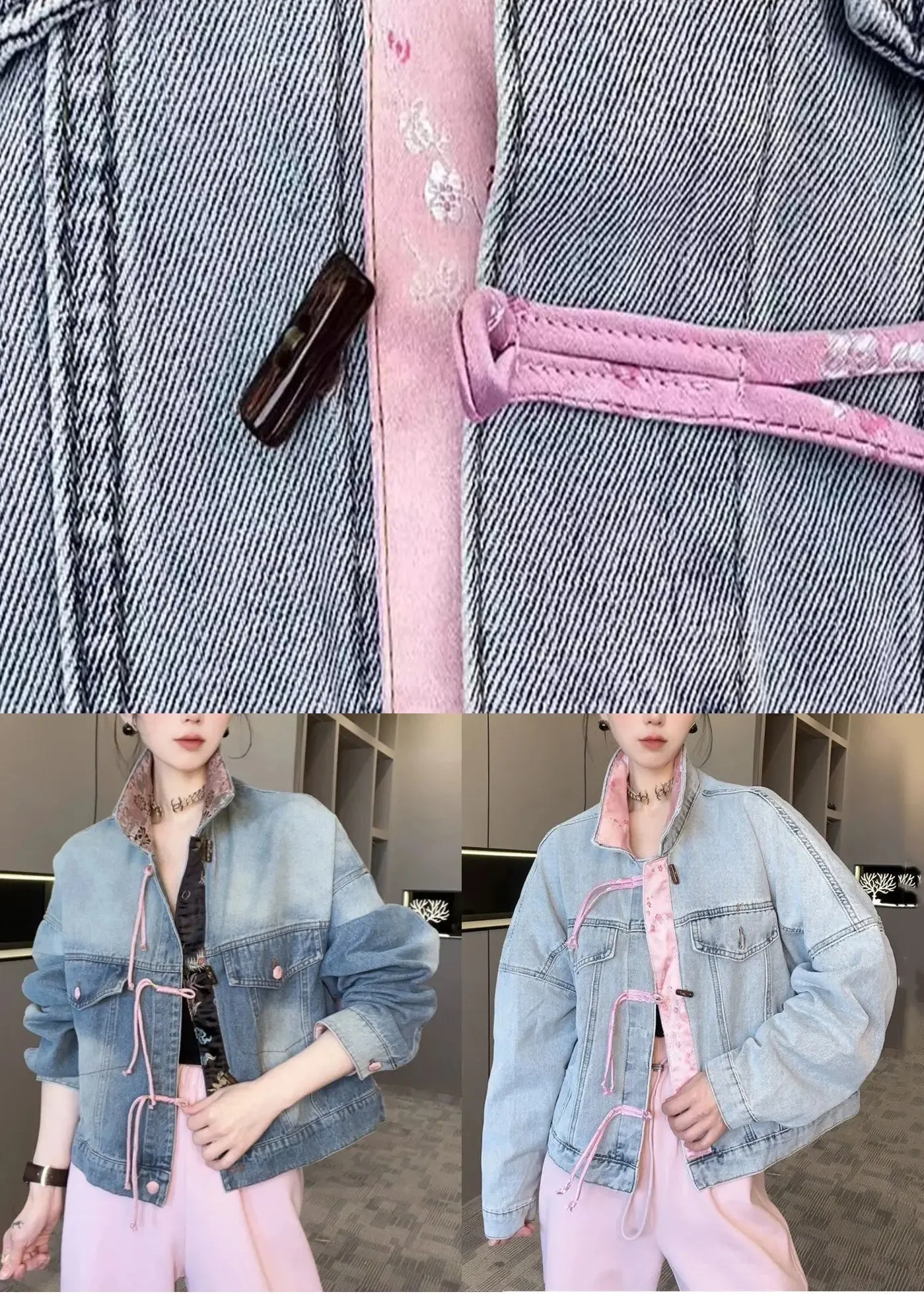 New Light Blue Button Patchwork Denim Coats Long Sleeve CG1016