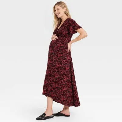 New - Short Sleeve Knit Midi Maternity Dress - Isabel Maternity by Ingrid & Isabel Black Floral M