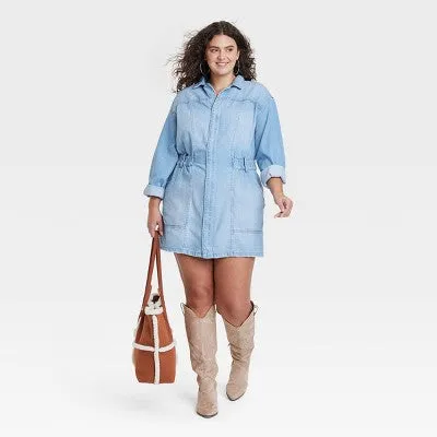 New - Women's Long Sleeve Denim Shirtdress - Universal Thread Light Wash 28