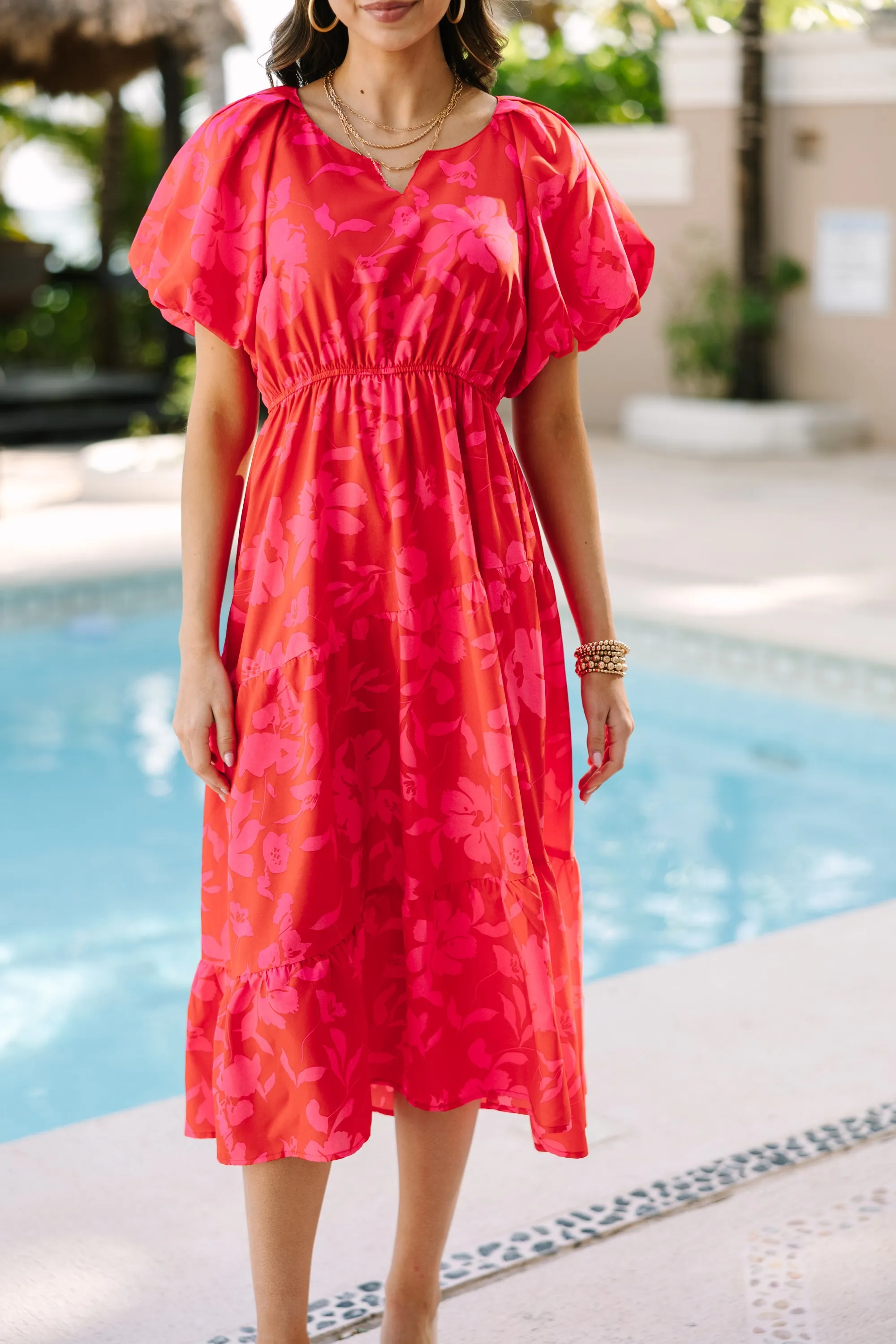 Odds Are In Your Favor Red Floral Midi Dress