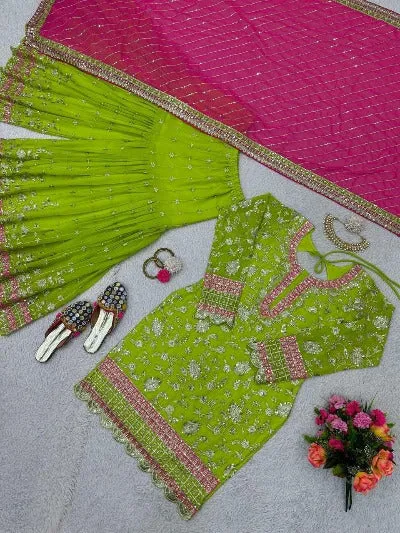 Parrot Green Georgette Sequence Work Sharara Suit Set