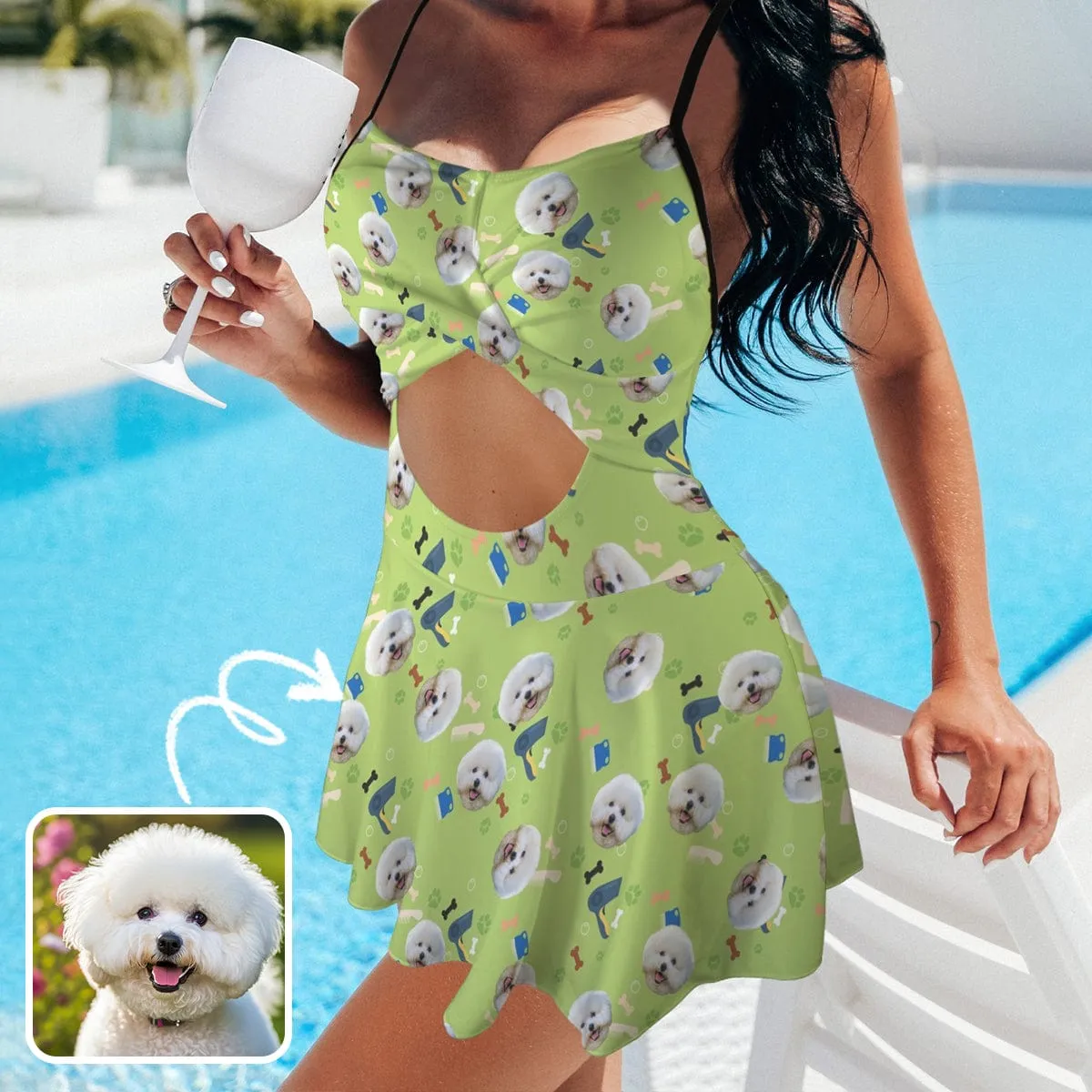 Personalized Face Swimsuit Dress Custom Face Green Women's Cutout Cross Back Swimming Dress Face Bathing Suit