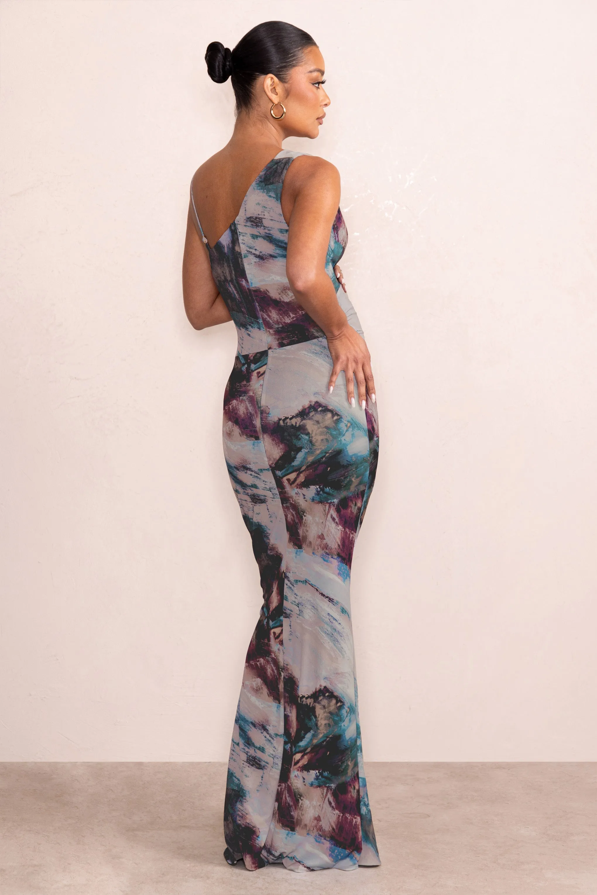 Phantasy | Blue Abstract Print Maternity Asymmetric Neckline Maxi Dress