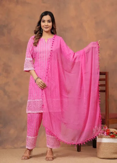 Pink Cotton Schiffli Summer Wear Salwar Suit Set