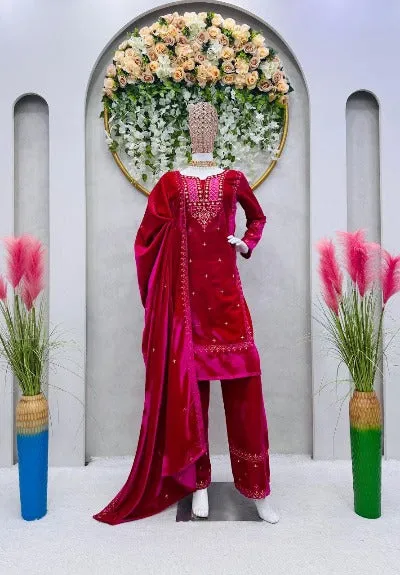 Pink Velvet Thread & Sequence Work Salwar Suit Set