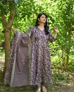 Purple Cotton Gotta Work Printed Anghrakha Style Anarkali Suit Set