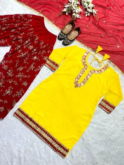 Red & Yellow Heavy Embroidered Punjabi Dhoti Salwar Suit Set