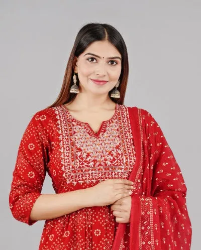 Red Cotton Embroidered Festive Salwar Suit Set