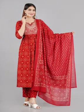 Red Cotton Embroidered Festive Salwar Suit Set