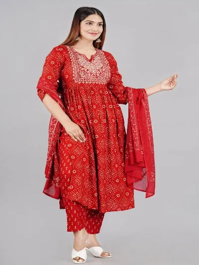 Red Cotton Embroidered Festive Salwar Suit Set