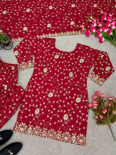 Red Gold Embroidered Vichitra Silk Dhoti Suit Set