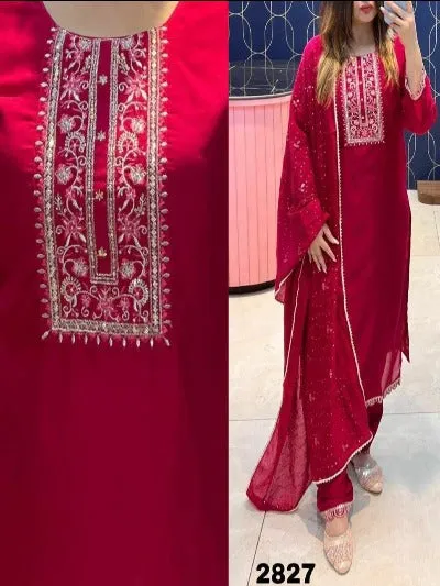 Red Rayon Suit Set With Chanderi Dupatta