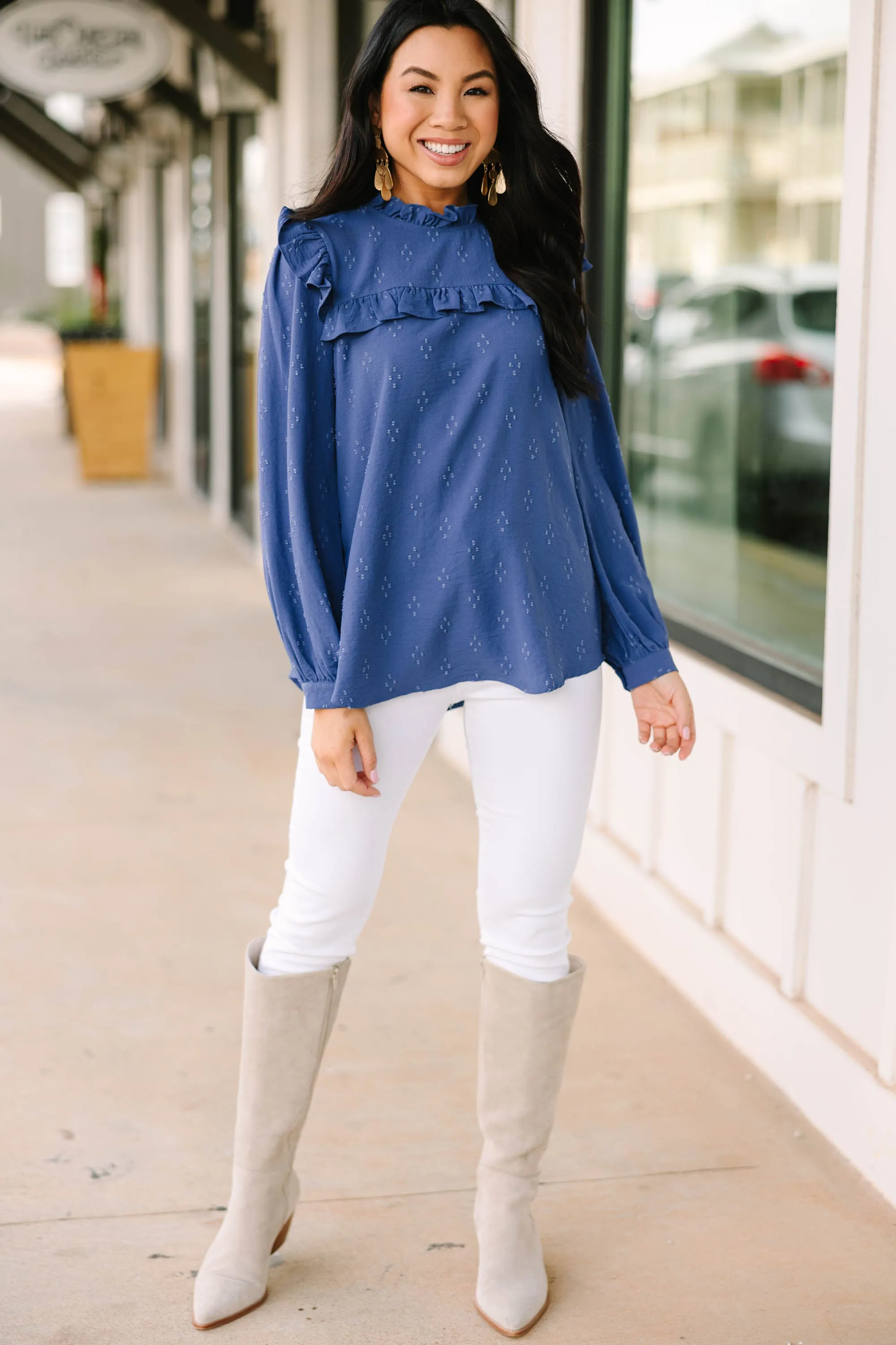 Romantic History Denim Blue Ruffled Blouse